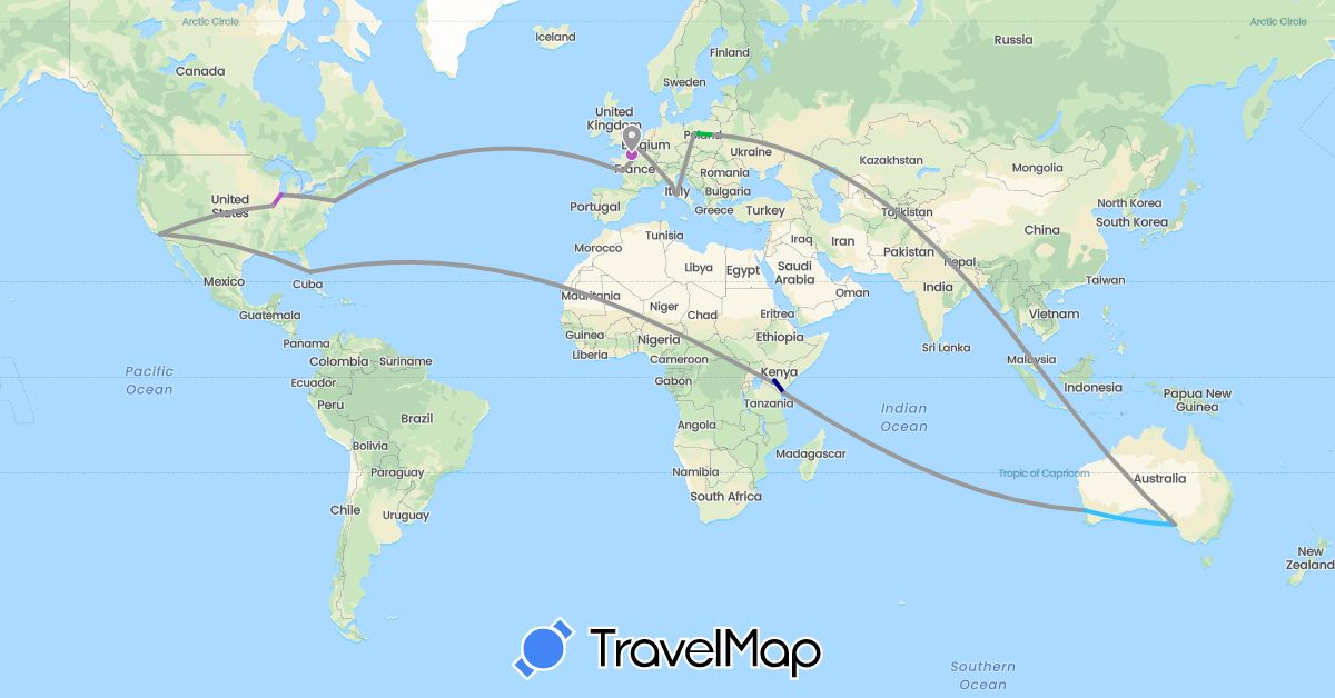 TravelMap itinerary: driving, bus, plane, cycling, train, boat in Australia, France, United Kingdom, Italy, Kenya, Poland, United States (Africa, Europe, North America, Oceania)